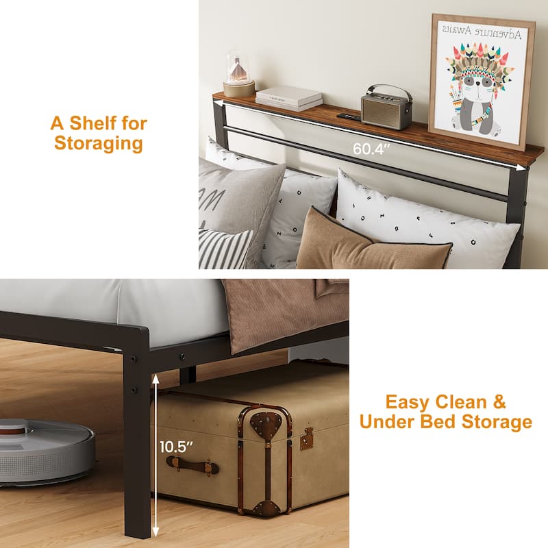 Bed Frame with Storage Shelves and Charging Station