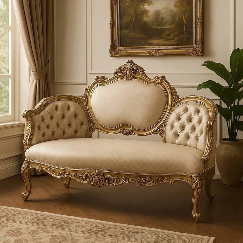 Mara Curved Bench Sofa, Wingback Crystal Tufted, Classic Gold Carvings
