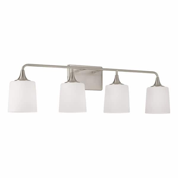 slide 2 of 13, Presley 4-light Bath/ Vanity Fixture w/ Soft White Glass Brushed Nickel
