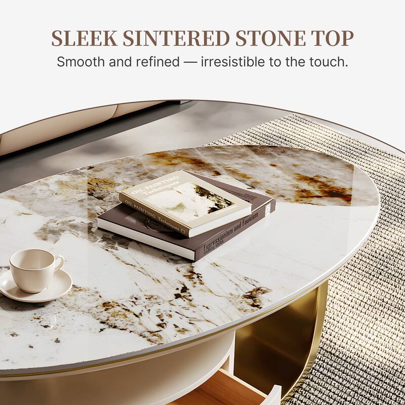 51" Modern Pandora Oval Coffee Table with Glossy Sintered stone top, Luxury Coffee Table, Stainless Steel Legs for Livingroom