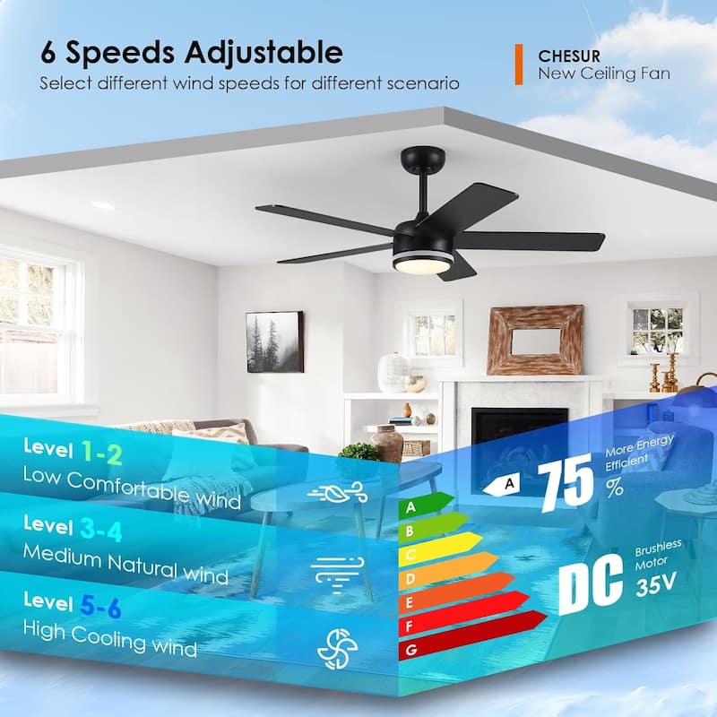 46“/52” Inch Modern Ceiling Fan with LED and Remote,5 Plywood Blades,Remote and APP Control