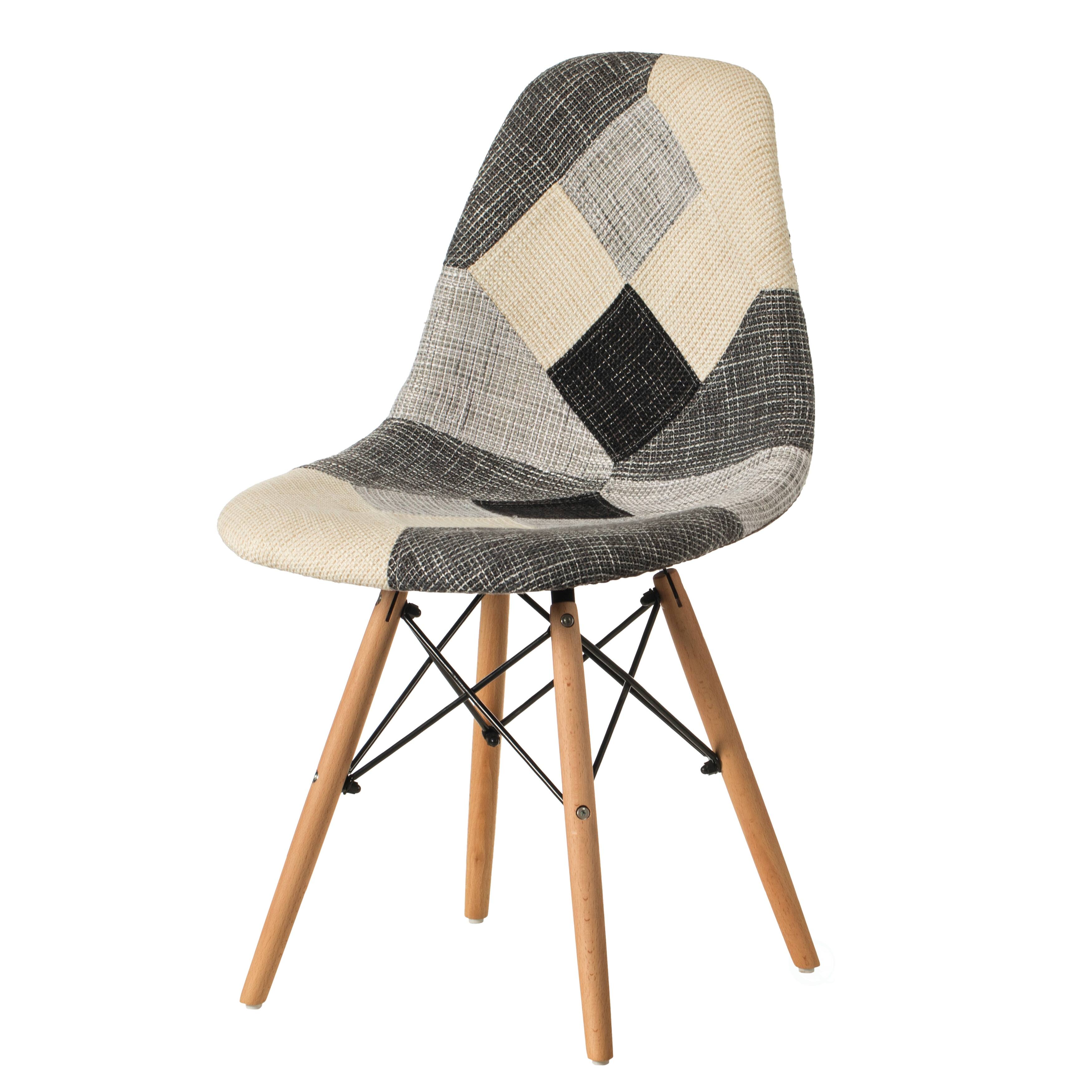 Black and White Patchwork Fabric Chair with Wood Legs for Dining Room