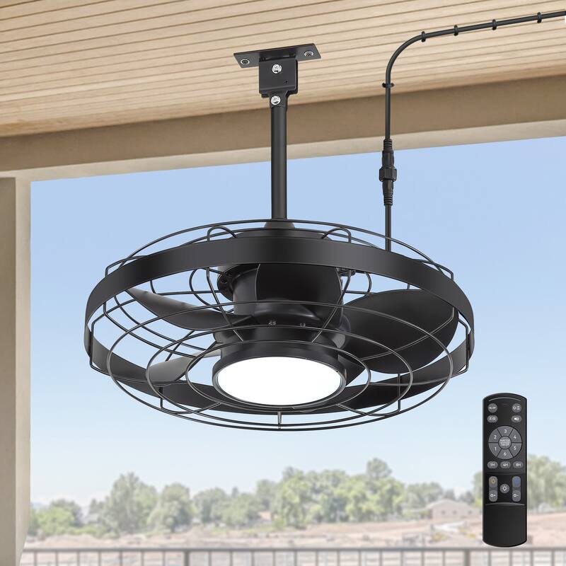 18.9-inch Flush Mount Caged Ceiling Fan with Light and Remote (7-Blade) - Black - Remote