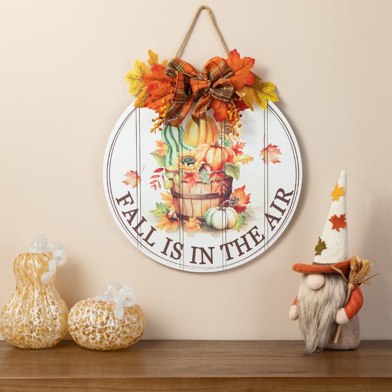 Glitzhome 15"D Hello Fall Wooden Pumpkins Word Sign with Floral Door Hanger