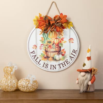 Glitzhome 15"D Hello Fall Wooden Pumpkins Word Sign with Floral Door Hanger