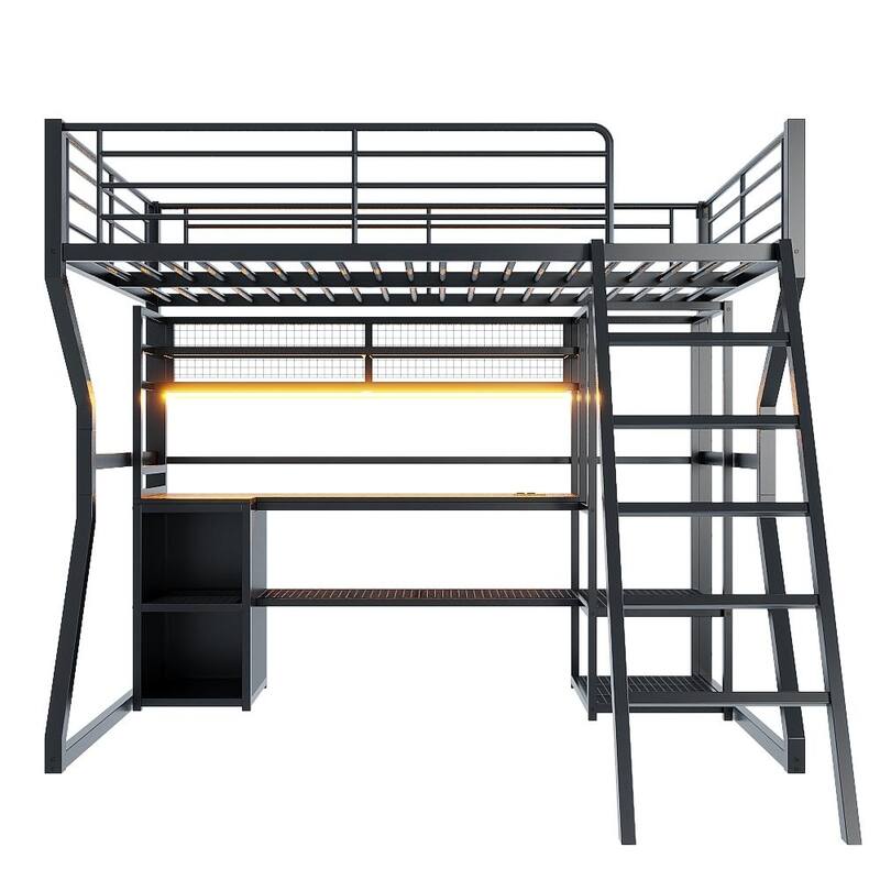 Full Size Metal Gaming Loft Bed with Built-in Work Station, Open Wardrobe, LED and Multiple Storage, Black