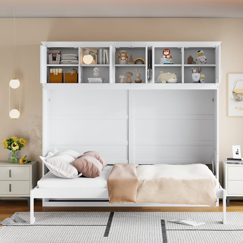 Storage Murphy Bed with Top Cabinets, Flip Horizontal - White - Queen