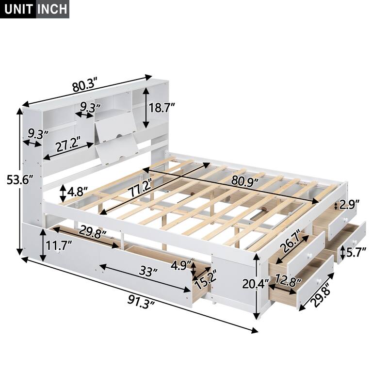 Queen / King Platform Bed with Storage Headboard and 8 Drawers Sturdy Pine Wood Construction