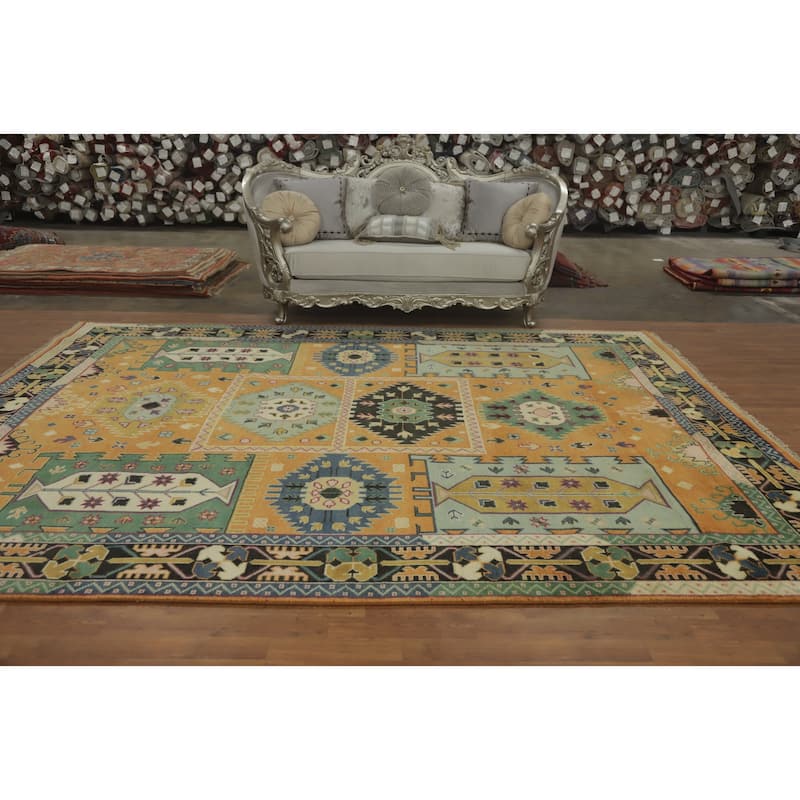 Hand-knotted Traditional Wool Orange Geometric Oriental Area Rug - 12' 0'' X 9' 2''