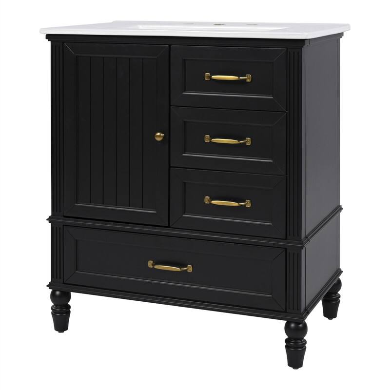 30" Bathroom Vanity with Ceramic Sink Top, Modern Bathroom Storage Cabinet with 1 Door, 3 Drawers and Solid Wood Legs