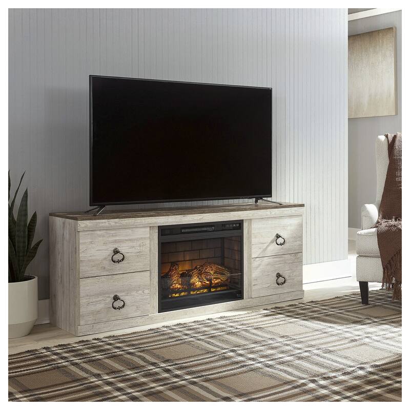 Signature Design by Ashley Willowton Whitewash 60" TV Stand for TVs up to 69" with Electric Fireplace - 60"W x 15"D x 24.5"H