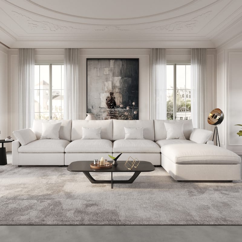 Modular Sectional Sofa Cloud Couch with Ottoman, 119'' L Shaped Linen Blend Fabric Minimalist Sectional Sofa for Living Room - 4+1(white)