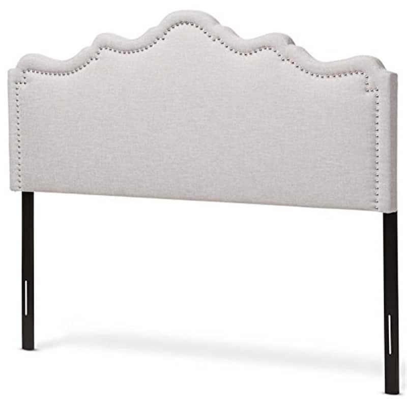 Greyish Beige Fabric Upholstered Full Size Headboard with Curved Shape, Silver Nailhead Trim, and Adjustable Height