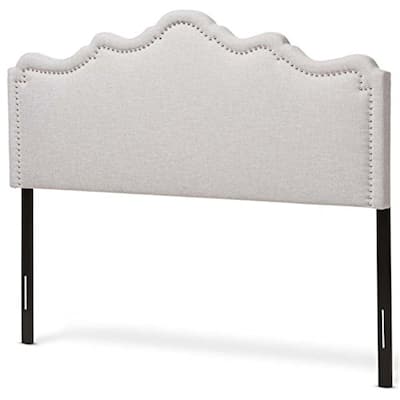 Greyish Beige Fabric Upholstered Full Size Headboard with Curved Shape, Silver Nailhead Trim, and Adjustable Height