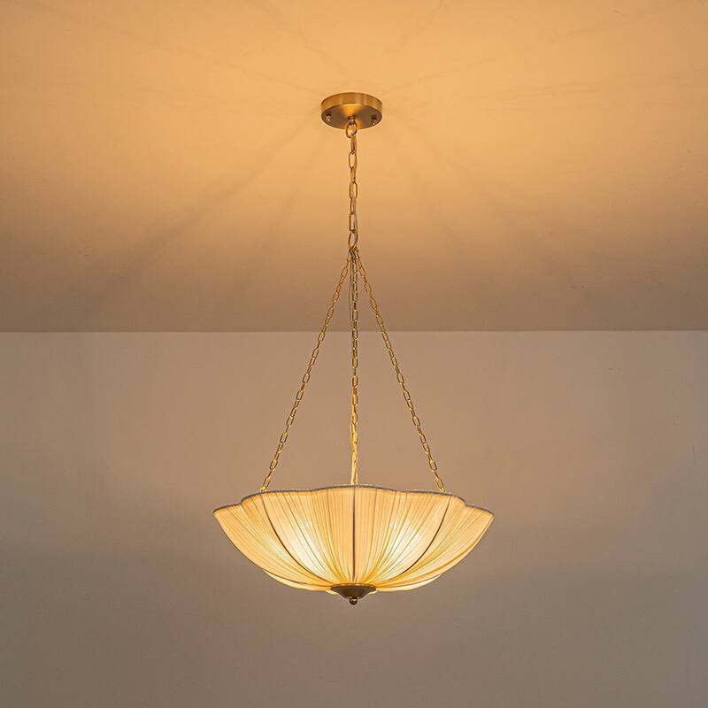 French Country White Ribbed Fabric Bloom Cage Pendant Light 19.3 in