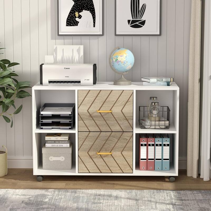 39.37-Inches Large Mobile Lateral File Cabinet with 2 Drawers White & Walnut finish