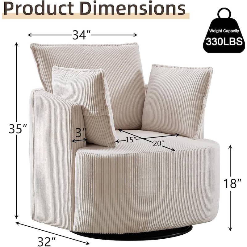 Swivel Accent Chair,360°Swivel Barrel Chair with 3 Pillows Corduroy Round Armchair Single Sofa Chair for Living Room Bedroom