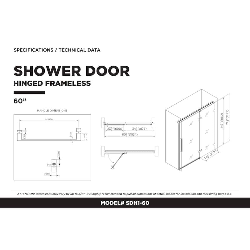 Fine Fixtures Hinged Clear Frameless Glass Shower Door Enclosure