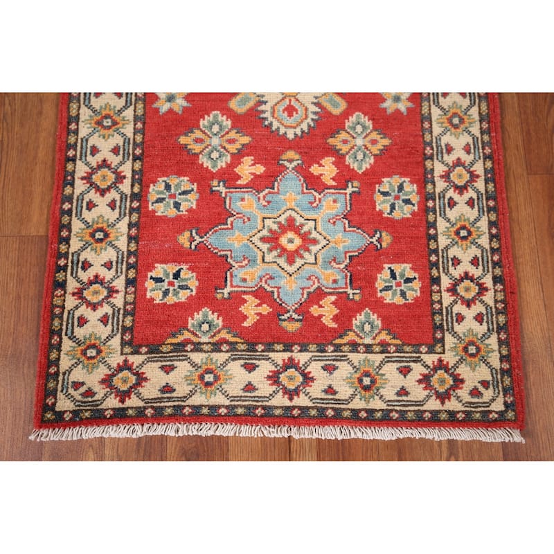 Geometric Red Kazak Oriental Runner Rug Handmade Wool Carpet - 2'2" x 5'7"