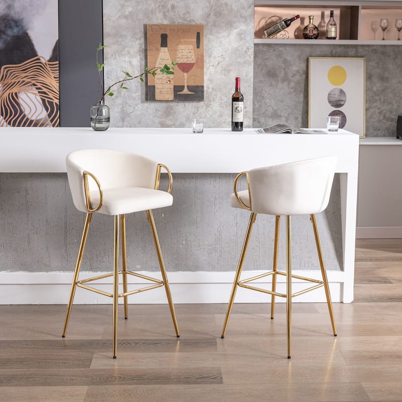 Set of 2 30" Bar Stools, Cream Velvet with Chrome Footrest & Gold Legs