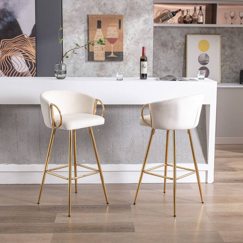 Velvet Bar Stools Set of 2, Counter Height Bar Chairs with Armrests, Kitchen Island Stools with Footrest and Golden Legs