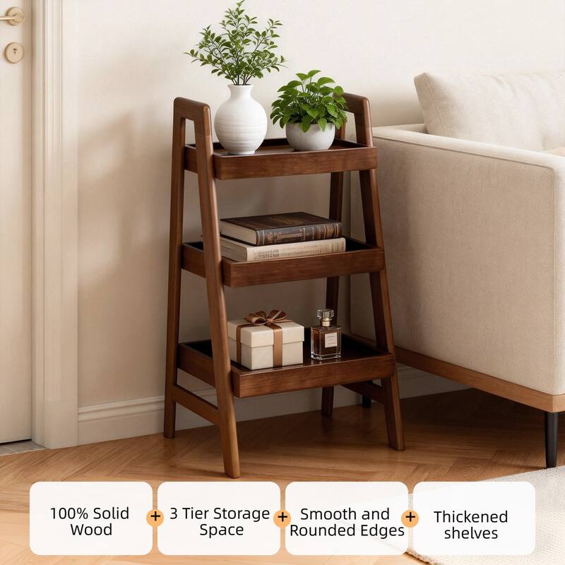 Anmytek Solid Wood 3 Tier Ladder Shelf Walnut Freestanding Open Storage Bookshelf and Display Rack for Home Office Space Saving