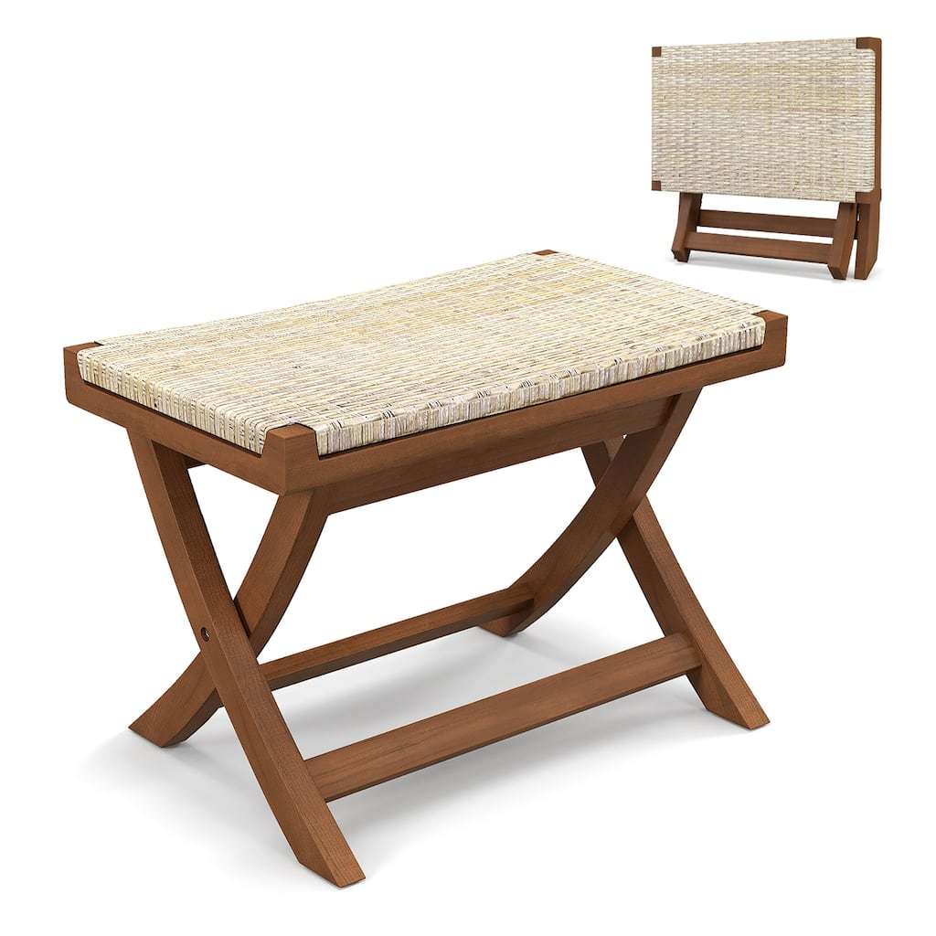 Gymax Folding Natural Rattan Ottoman w/ Hand-woven Seat & X-shaped