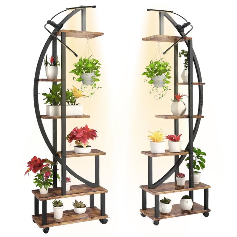2 pcs 6 Tier Tall Metal Plant Stand Indoor with Grow Light, Half Moon Shape Plant Shelf & Wheels, Curved Ladder Flower Pot Rack - Rustic Brown