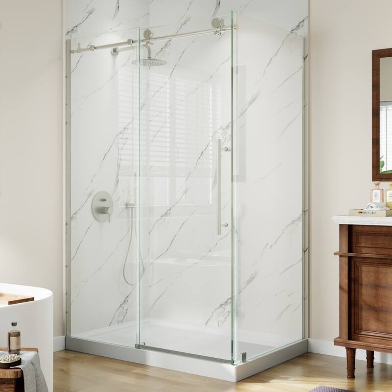 Modland 44-48" x 72'' Semi-Frameless Sliding Shower Enclosure - 5/16" SGCC Glass, Matte Black/Brushed Nickel