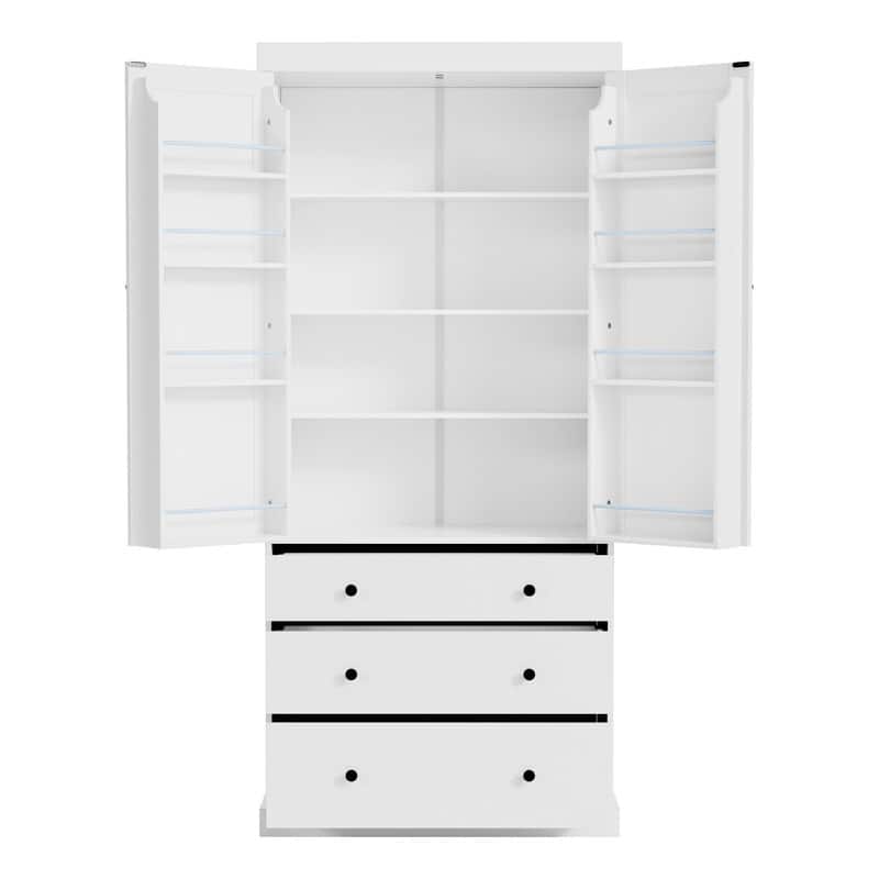 77" Farmhouse-Style Freestanding Pantry – Spacious Kitchen Storage Cabinet with 3 Adjustable Shelves, 8 Door Racks & 3 Drawers.