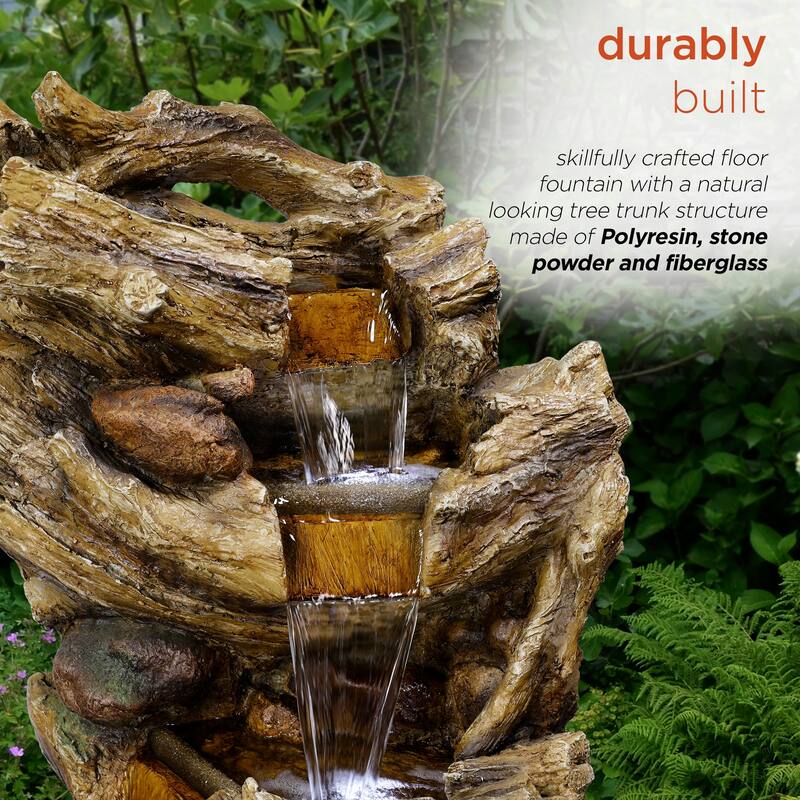 Alpine Corporation 47" Tall Outdoor 5-Tier Tree Trunk Waterfall Floor Fountain with LED Lights