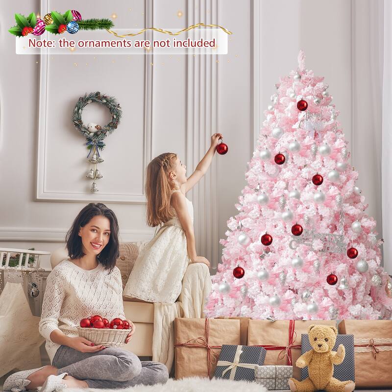 Gymax 6FT Pink Artificial Christmas Tree Pre-lit Hinged Snow Flocked