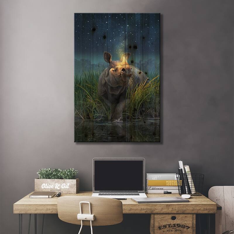 Rhinocerosunicornis Print On Wood by Jerry Lofaro - Multi-Color