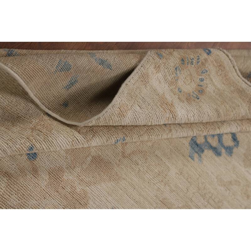 Vegetable Dye Oushak Turkish Rug Hand-Knotted Beige Wool Carpet - 5'0"x 6'7"