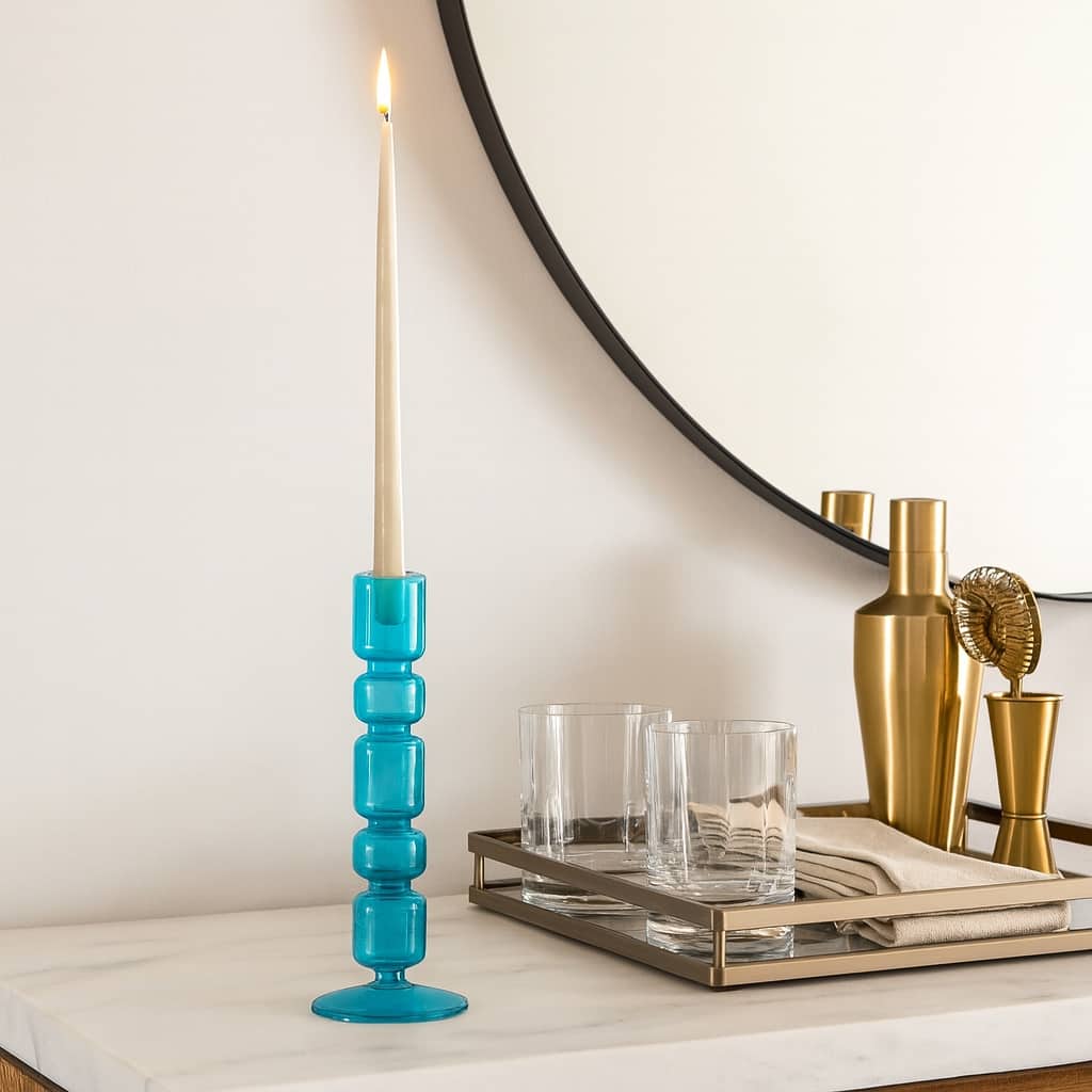 Glass Stacked Mix Bubble Taper Candle Holder - Blue