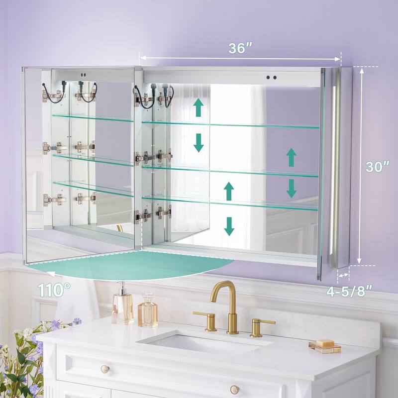 Recessed or Surface 30" H LED Mirror Cabinet with Adjustable Glass Shelves,Defogger, Dimmer And Outlets & USB Ports