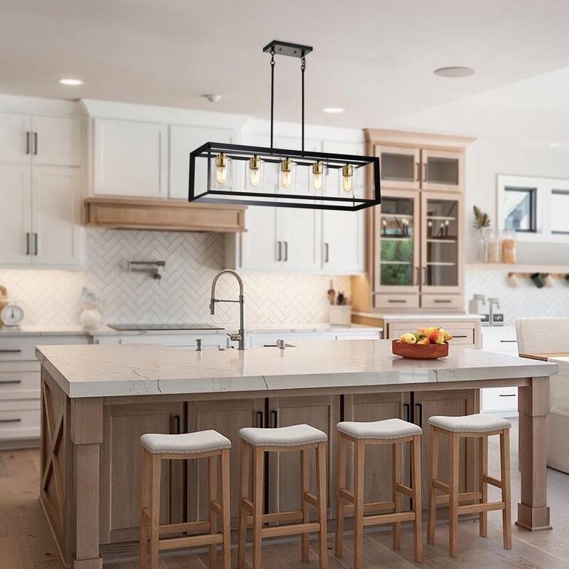 5-Light Matte Black and Gold Rectangular Kitchen Island Light with Glass Shades
