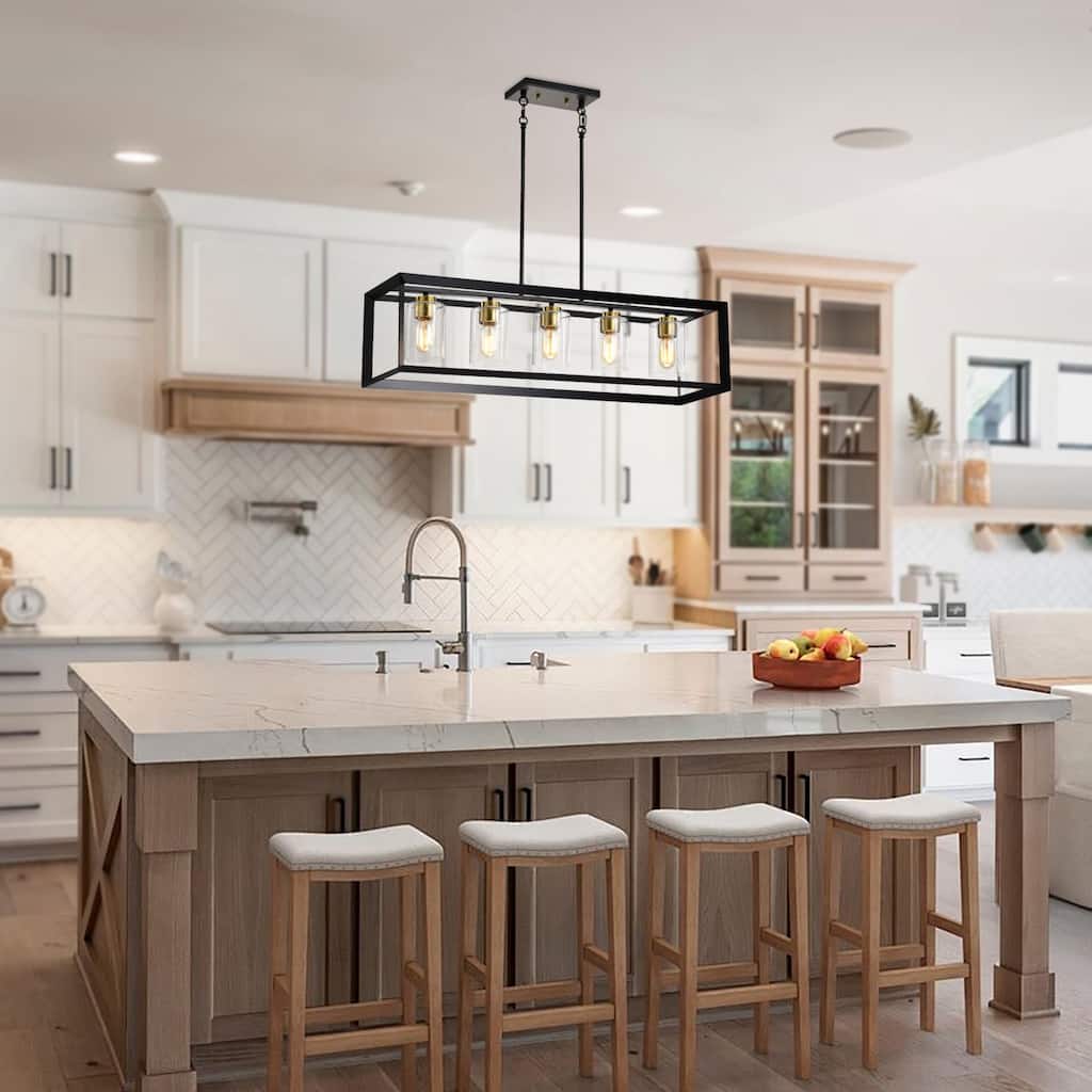 5-Light Matte Black and Gold Rectangular Kitchen Island Light with Glass Shades