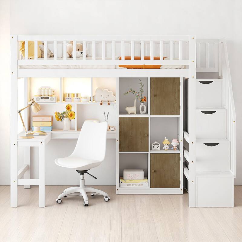 Wood Twin Loft Bed with Desk, 6 Cabinets, LED Strip, Shelves & Stair Storage - No Box Spring Needed - White - Twin
