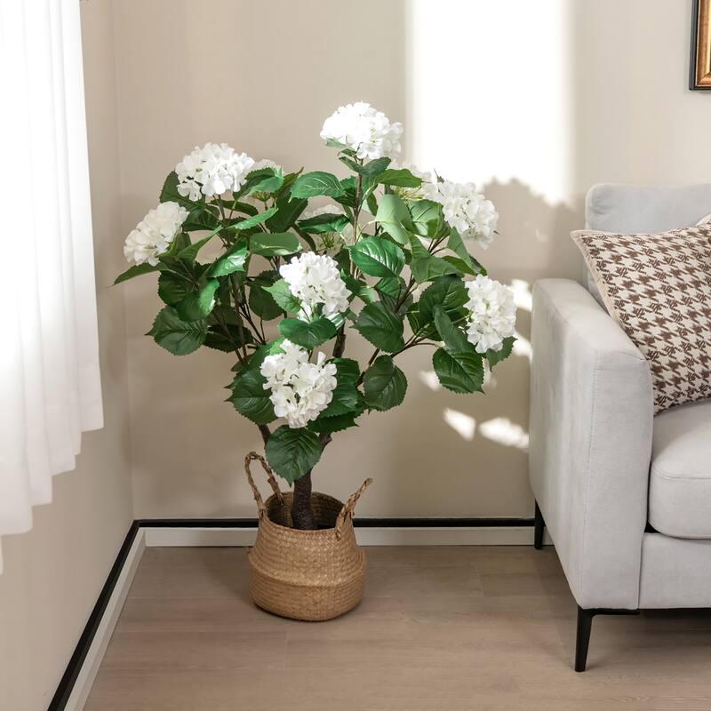 Gymax 2 Pack Artificial Hydrangea Tree Fake Floral Plant w/ 11 White