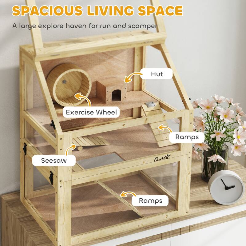 PawHut Wooden Hamster Cage, 3 Tier Small Animal Cage with Detachable 12.6" Deep Bottom, Hut, Seesaw, Exercise Wheel, Ramps