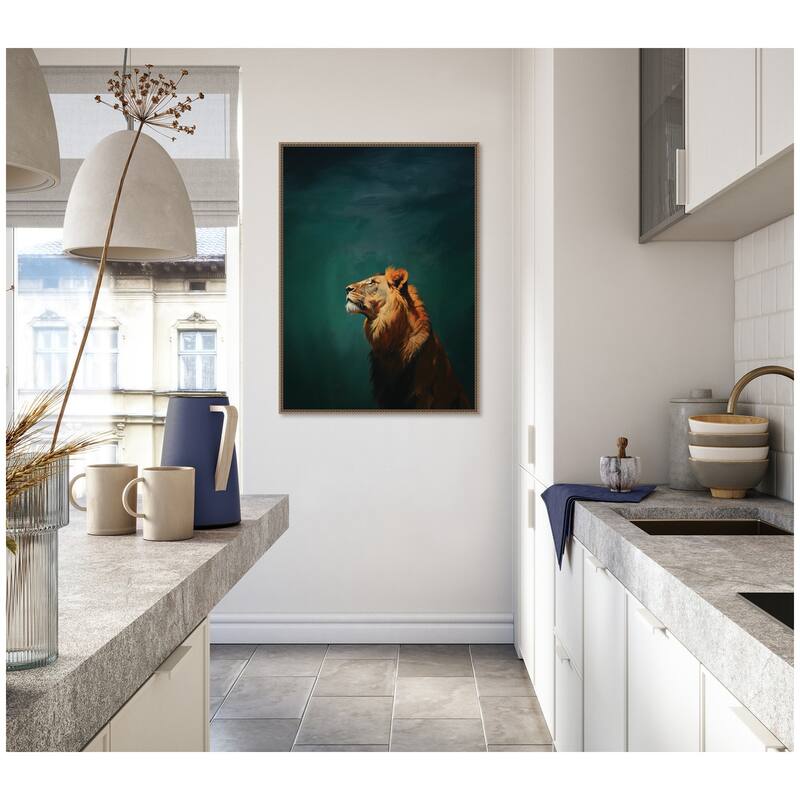 Kate and Laurel Lion on Tonal Blue Teal Green Abstract by The Creative Bunch Studio Framed Canvas Wall Art Print