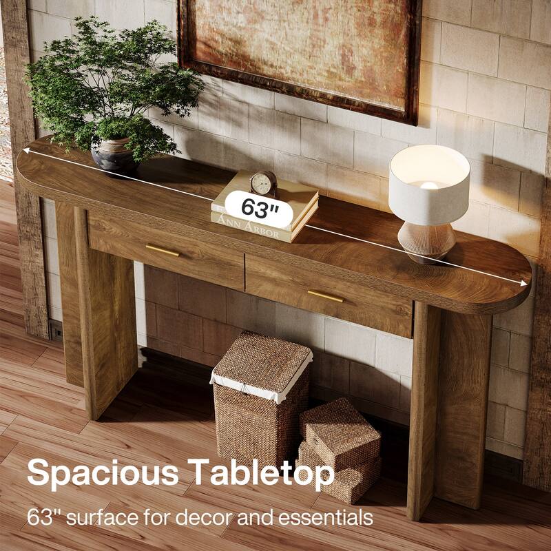 63-Inch Console Table with 2 Drawers, Farmhouse Curved Entryway Table