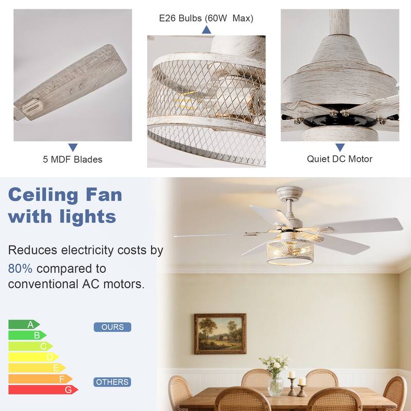 42-52Inch Caged Ceiling Fans with Lights: Dual Finish 5 Blades - Rustic with Remote Control (E26 Bulb Included)