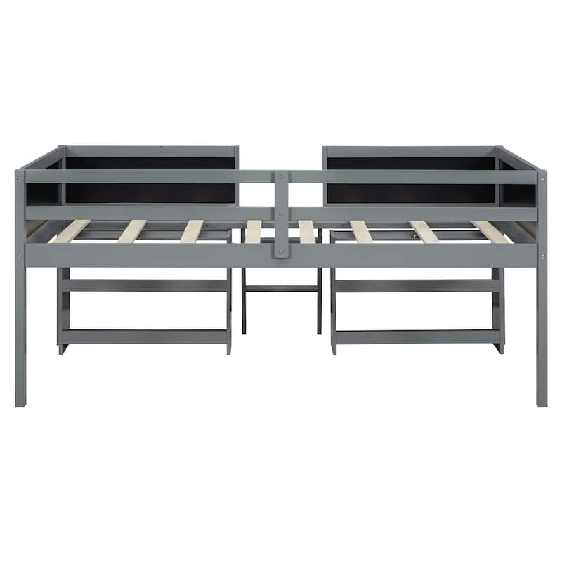 Twin Size Low Loft Bed with Two Movable Shelves and Ladder,with Decorative Guardrail Chalkboard