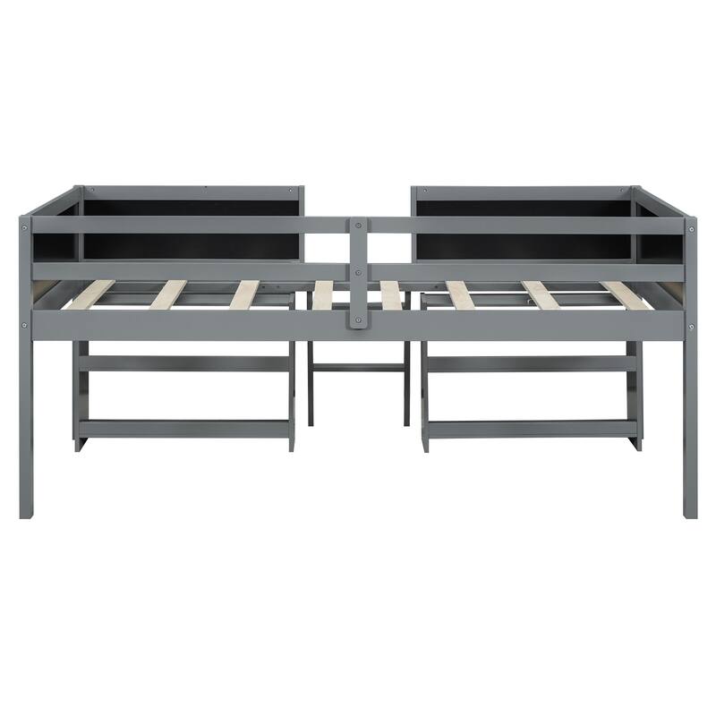 Wooden Loft Bed Frame with 2 Movable Shelves, Twin Size Low Loft Bed, Solid Pine Twin Bed Frame with Chalkboard