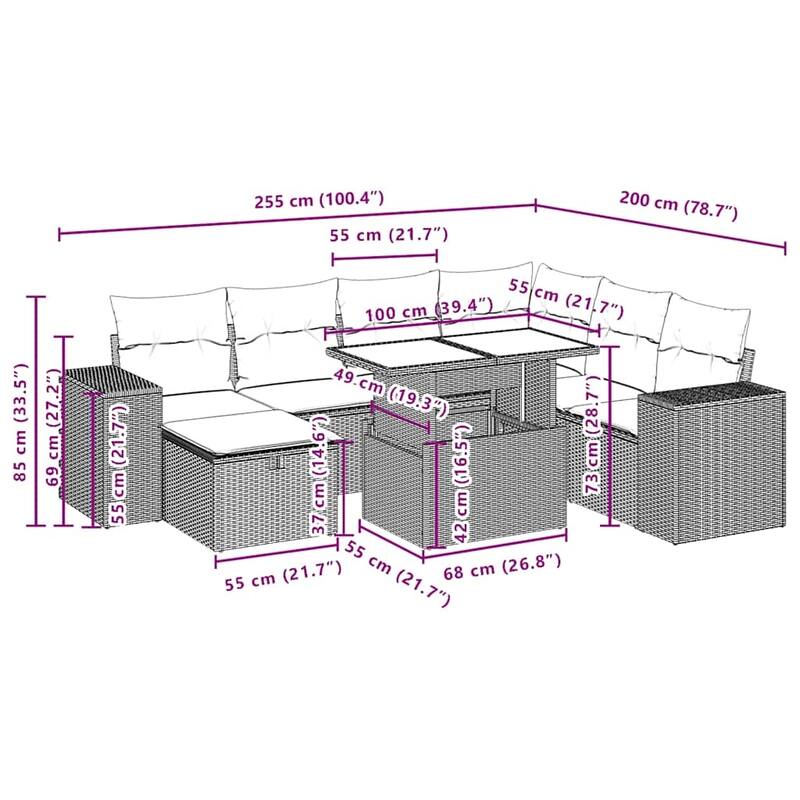 vidaXL Patio Sofa Set with Cushions Sectional Couches 8 Piece Poly Rattan - 24.4 x 24.4 x 27.2
