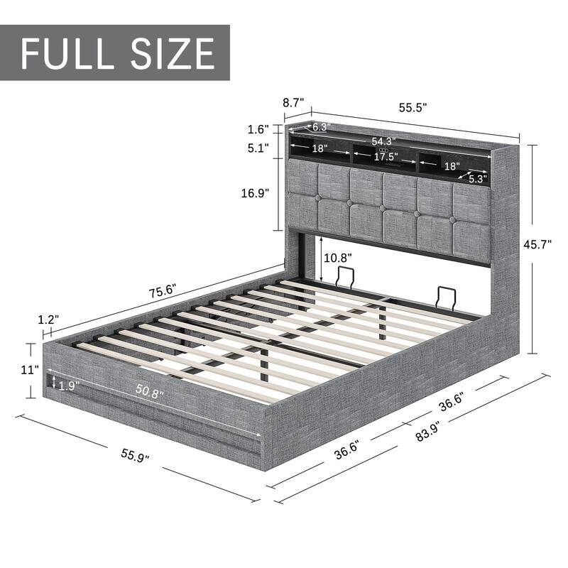 VECELO Lift Up Storage Bed Frame with LED Lights, USB Charging Ports, Hydraulic Platform, 2-Tier Headboard Shelves, Full & Queen