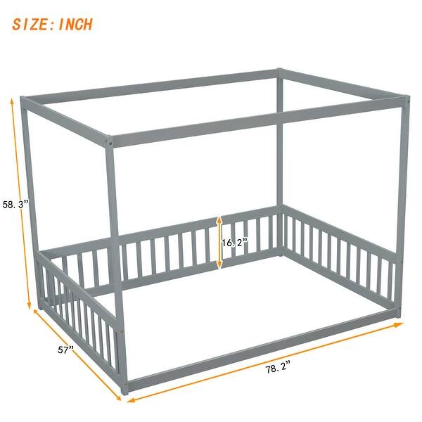 dimension image slide 1 of 3, Full Size Canopy Frame Floor Bed with Fence and Guardrails, Grey