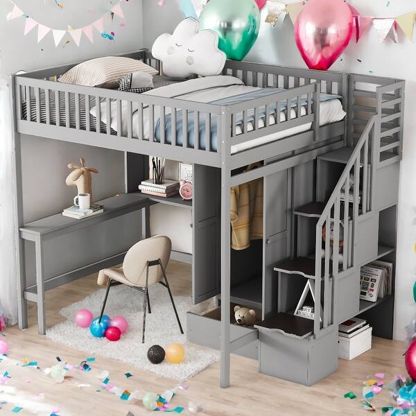 slide 2 of 27, Full Size Loft Bed With Bookshelf,Drawers,Desk,and Wardrobe for Home Grey